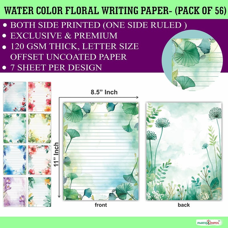 PARTH IMPEX 56 Sheets Watercolor Floral Lined Writing Paper 8.5x11 - Letter Size Ruled Stationery Letterhead Printer Paper - 120gsm Thick Decorative scrapbooking Colored Antique Aged Flowers Design - Image 2
